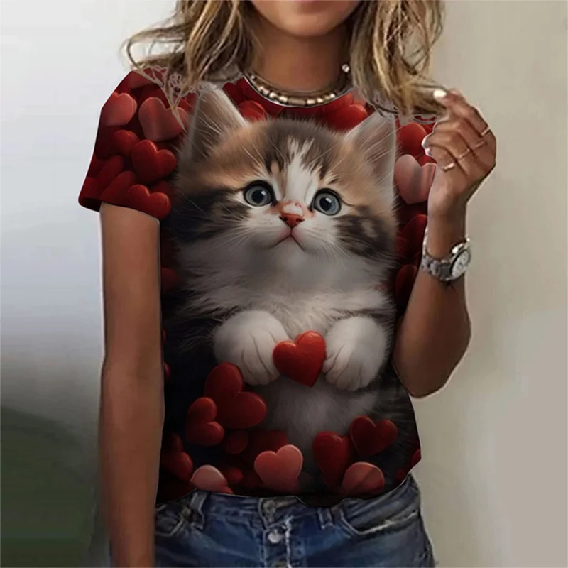 Fashion Street Cat - Moda kadın T-shirt 3D baskılı Kawaii