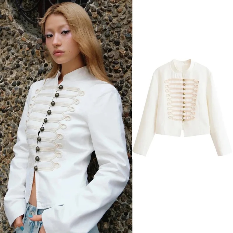 Street Fashion Events - Minimalist Beyaz Yapılı Dik Yaka Ceket,