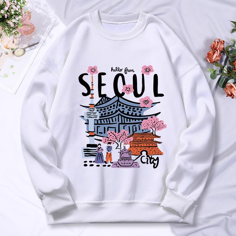 Street Fashion Seoul - Seul Güzel Manzara Baskı Bayan Kapşonlu