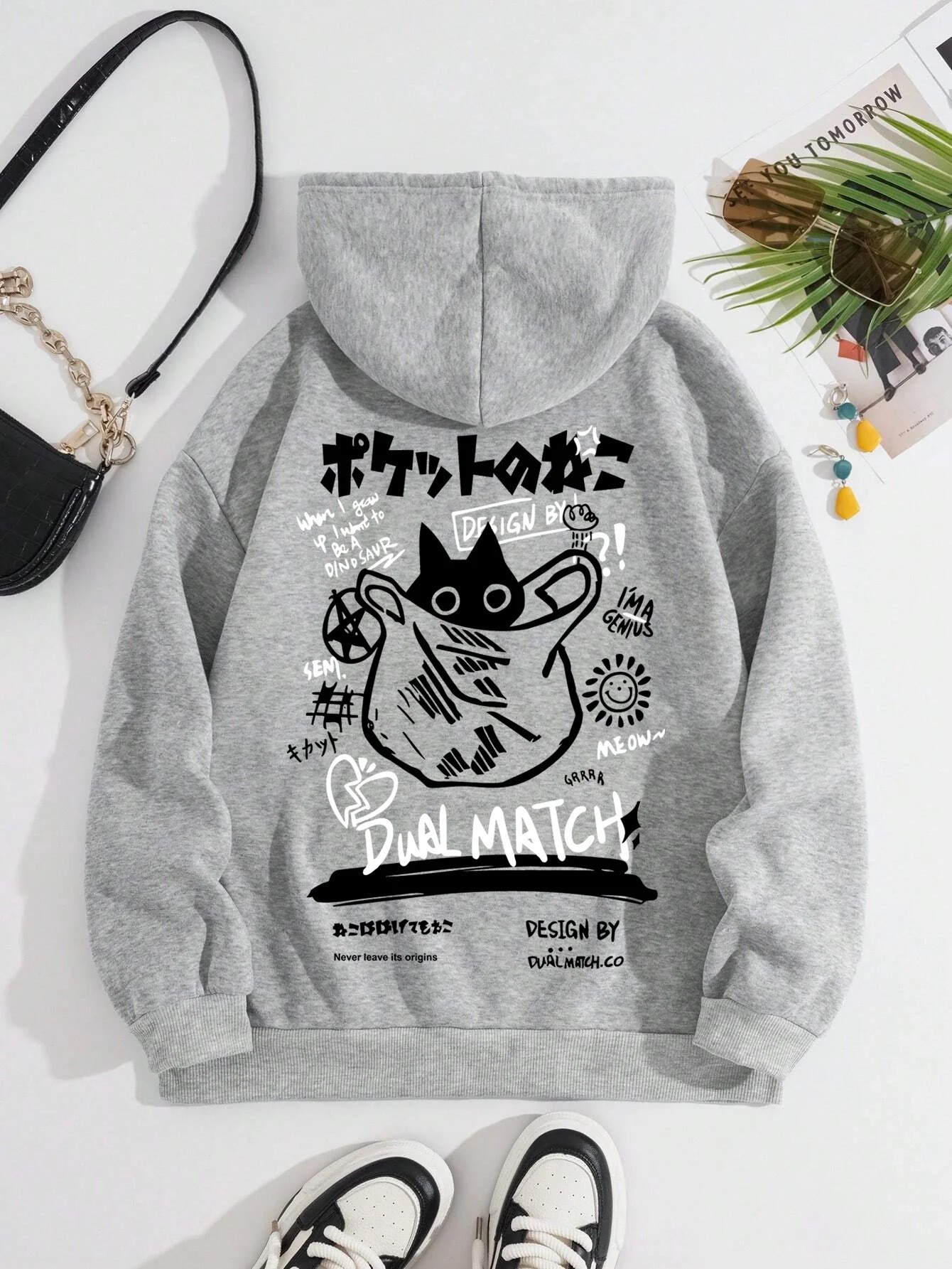 Street Fashion Of Japan - Japon Stili Siyah Kedi Kapüşonlu Sweatshirt